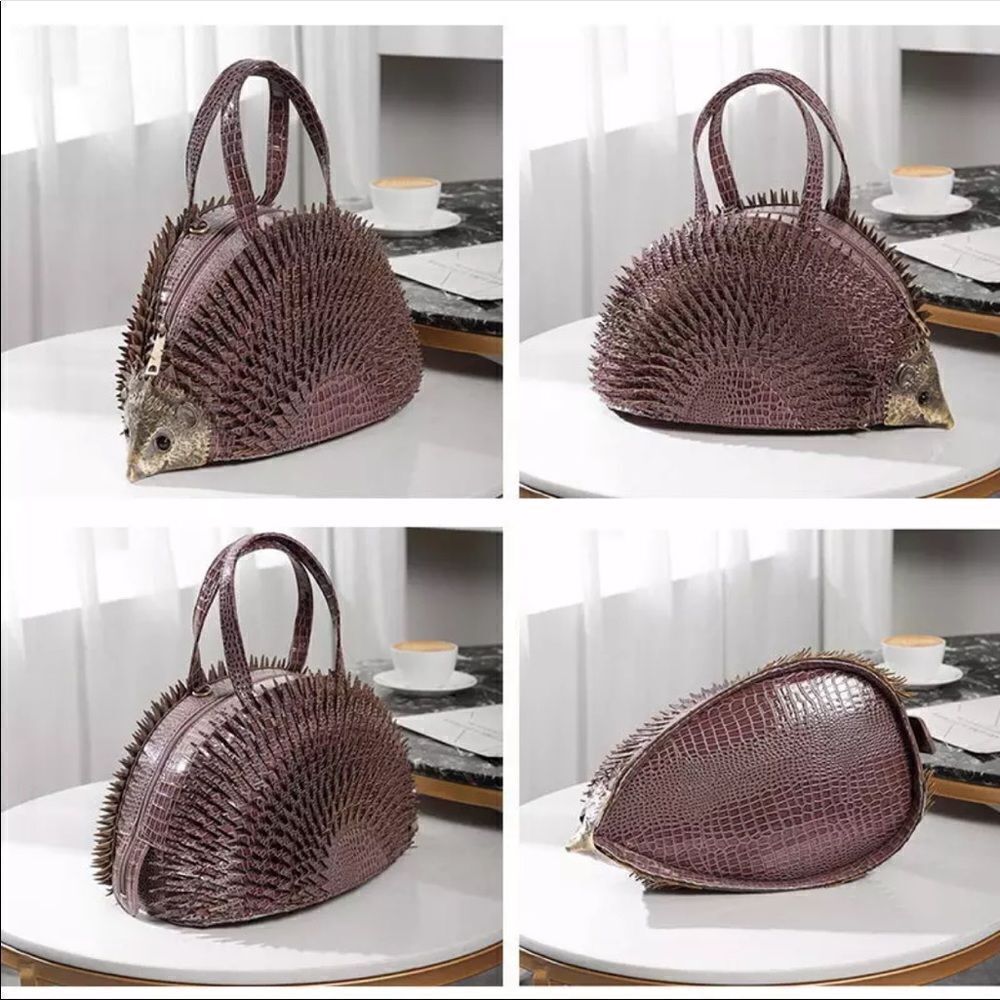 HEDGEHOG NOVELTY BAG PURPLE CROC EMBOSSED SATCHEL UNIQUE STATEMENT HANDBAG - Picture 5 of 15